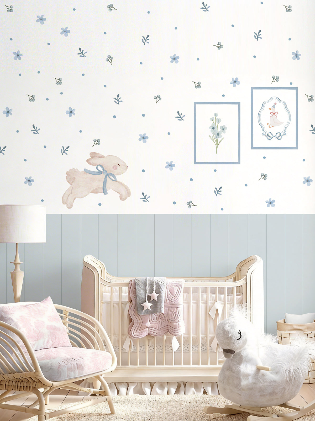 Blue Floral Bunny Nursery Wall Decals with Wainscoting Panels